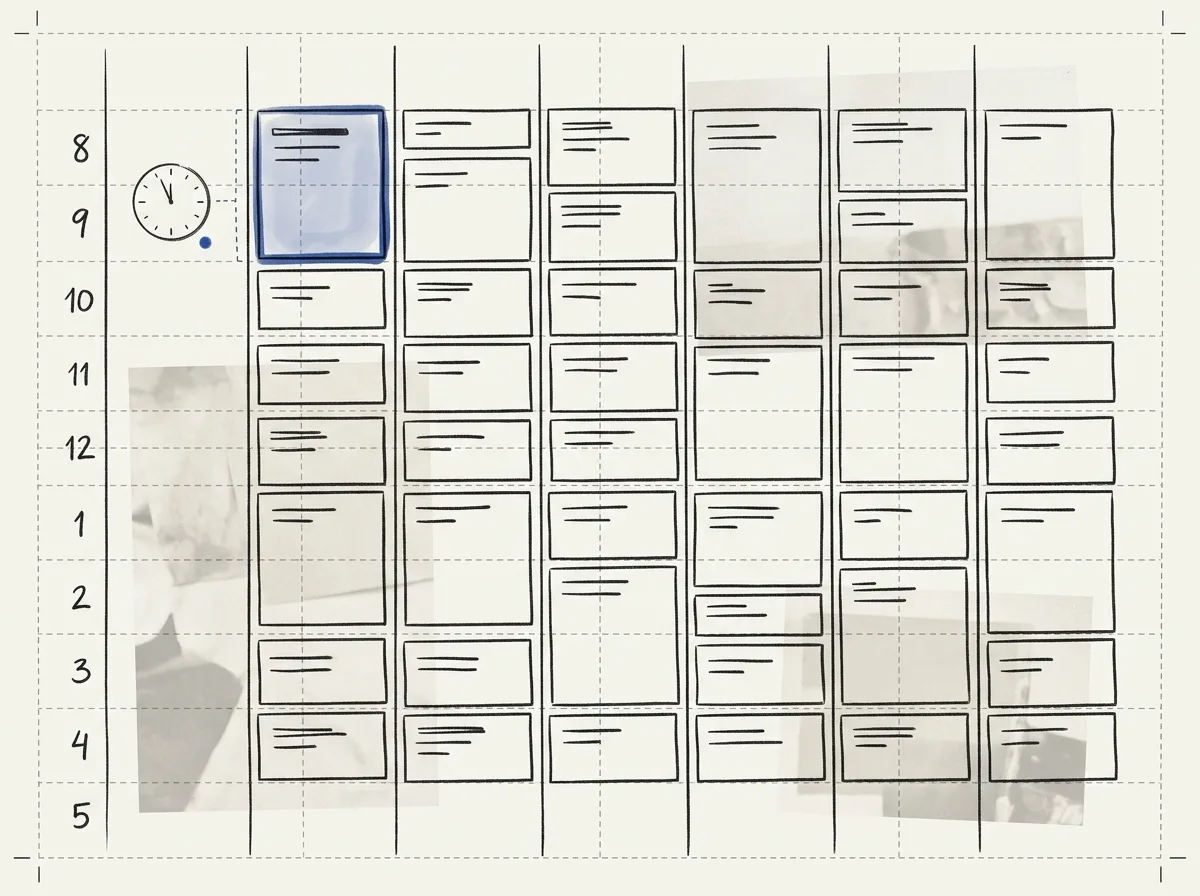 A hand-drawn weekly calendar filled edge-to-edge with back-to-back meeting blocks. One morning block is highlighted in deep blue, with a small clock in the margin pointing to two minutes before it starts.